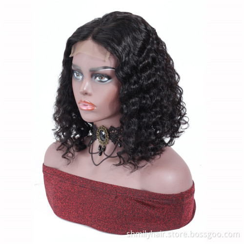 Shmily Deep Wave Human Hair Wig 13*4 Lace Front Short Bob, Unprocessed Brazilian Virgin Hair Wig Wet and Wavy